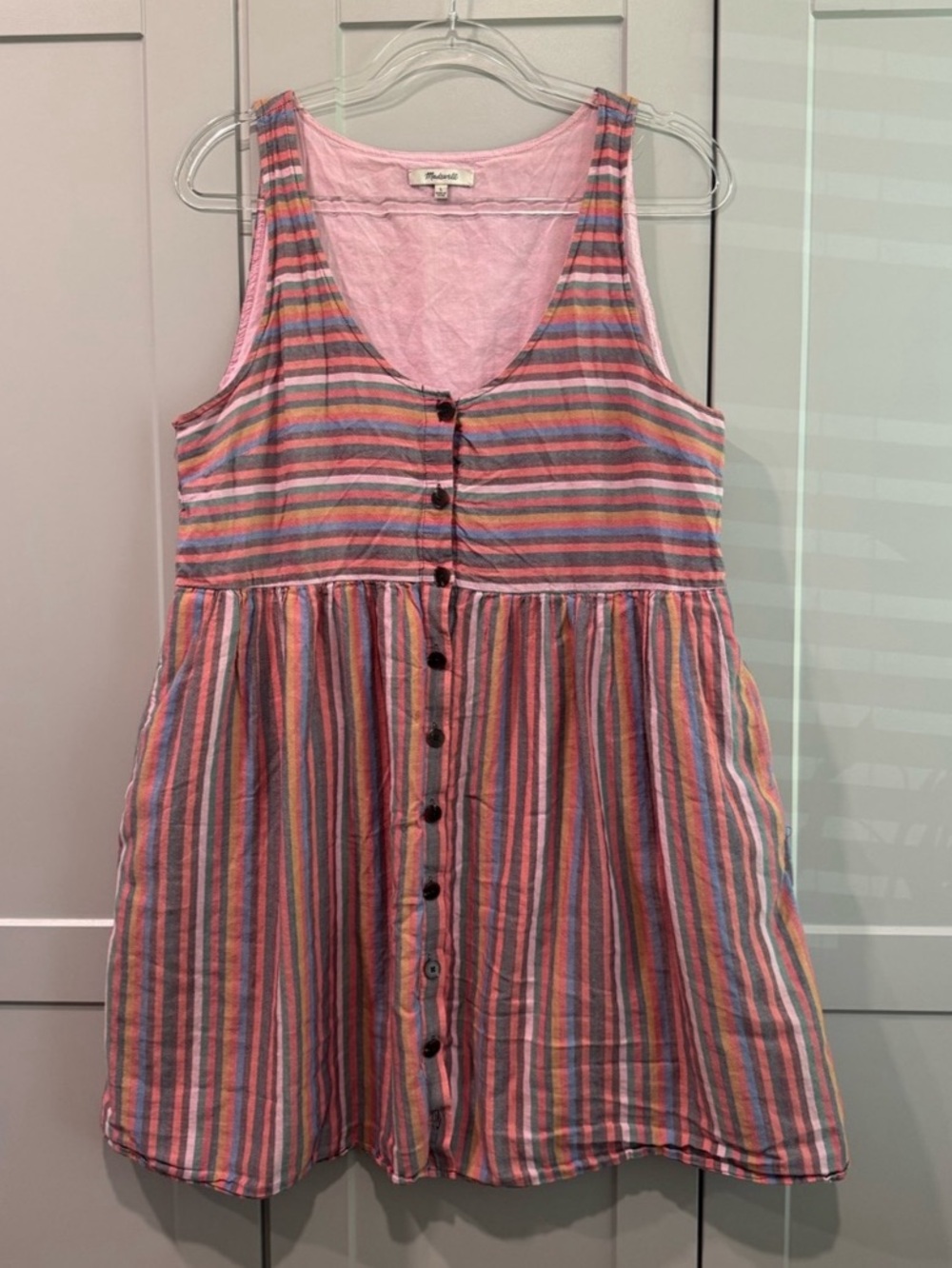 Madewell Scoopneck Tank Dress in Rainbow Stripe Pink & Blue Large